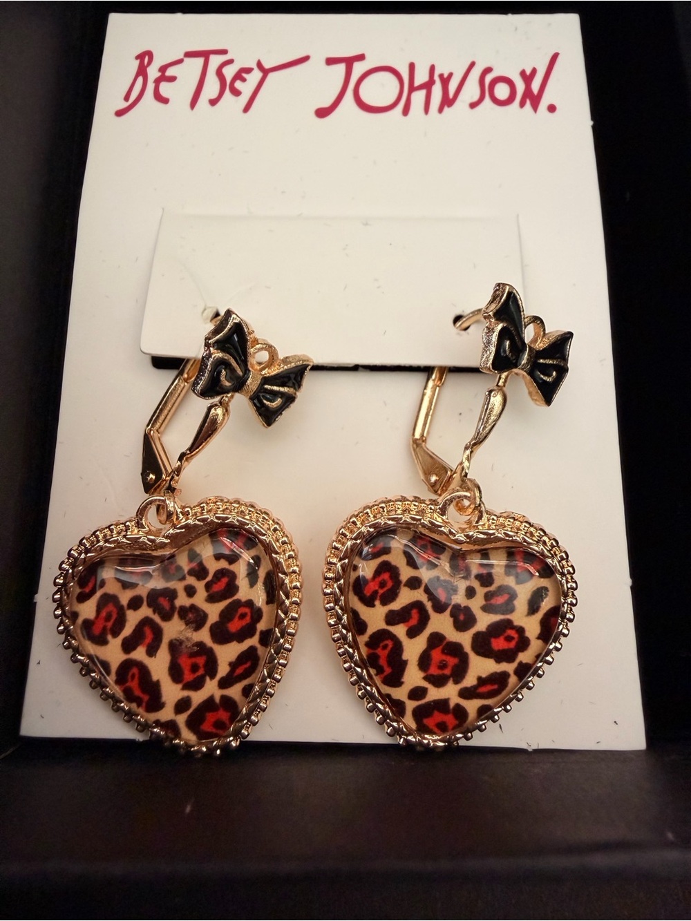 Betsey Johnson Gold-Tone Leopard Heart Drop Earrings with Black Bows